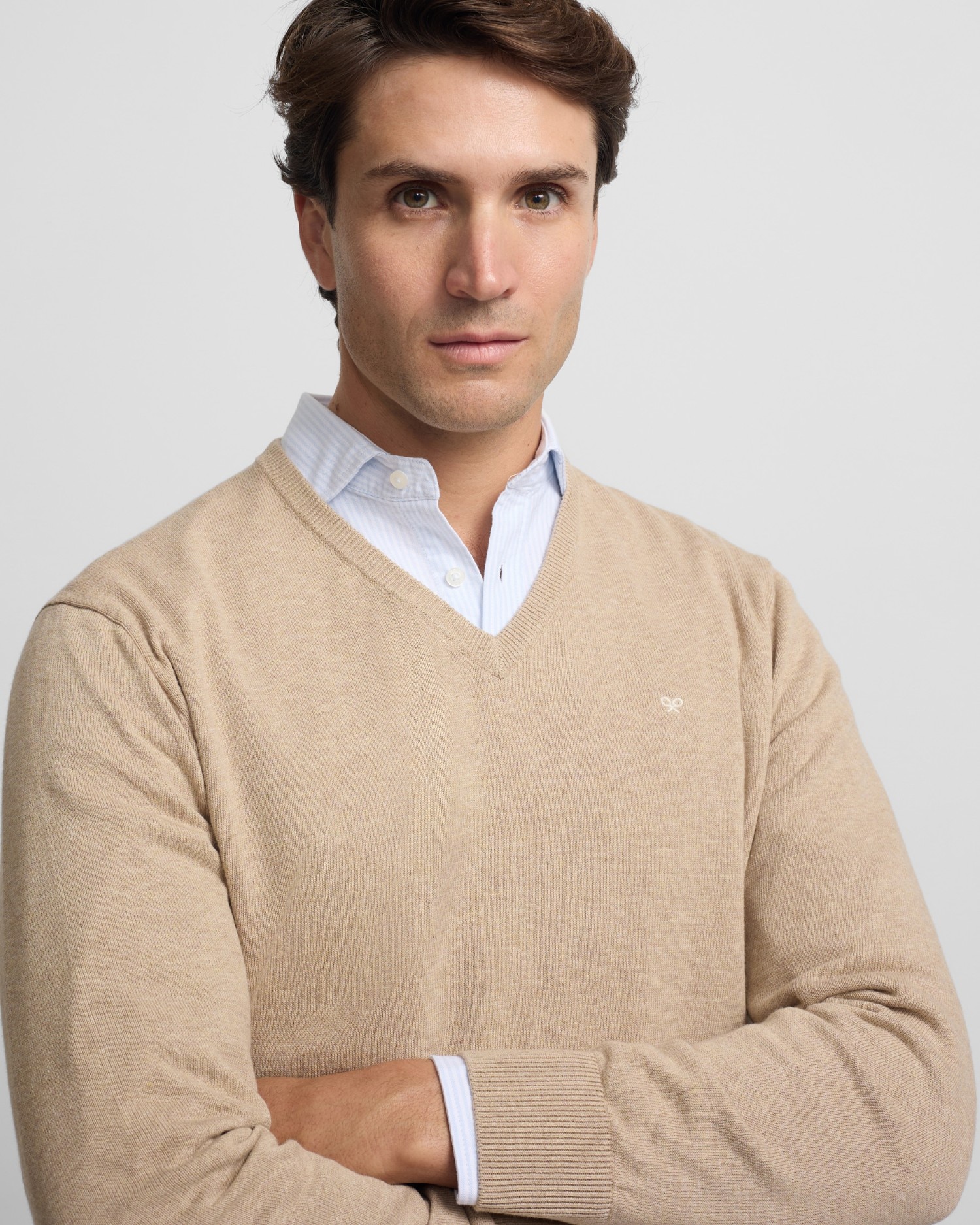 Jersey de hombre liso cuello pico - Silbon - Azul grisáceo Beige-3