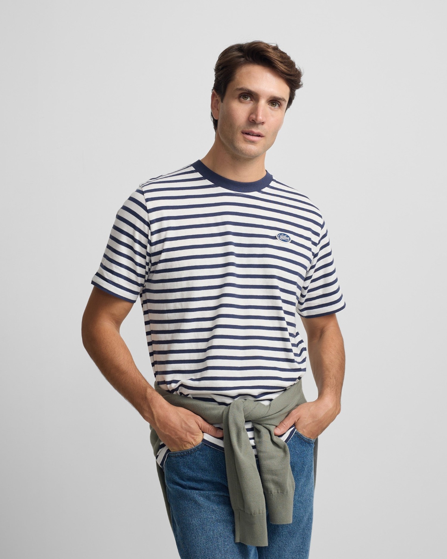 Silbon - Camiseta de Manga corta rustica rayas burdeos para hombre.