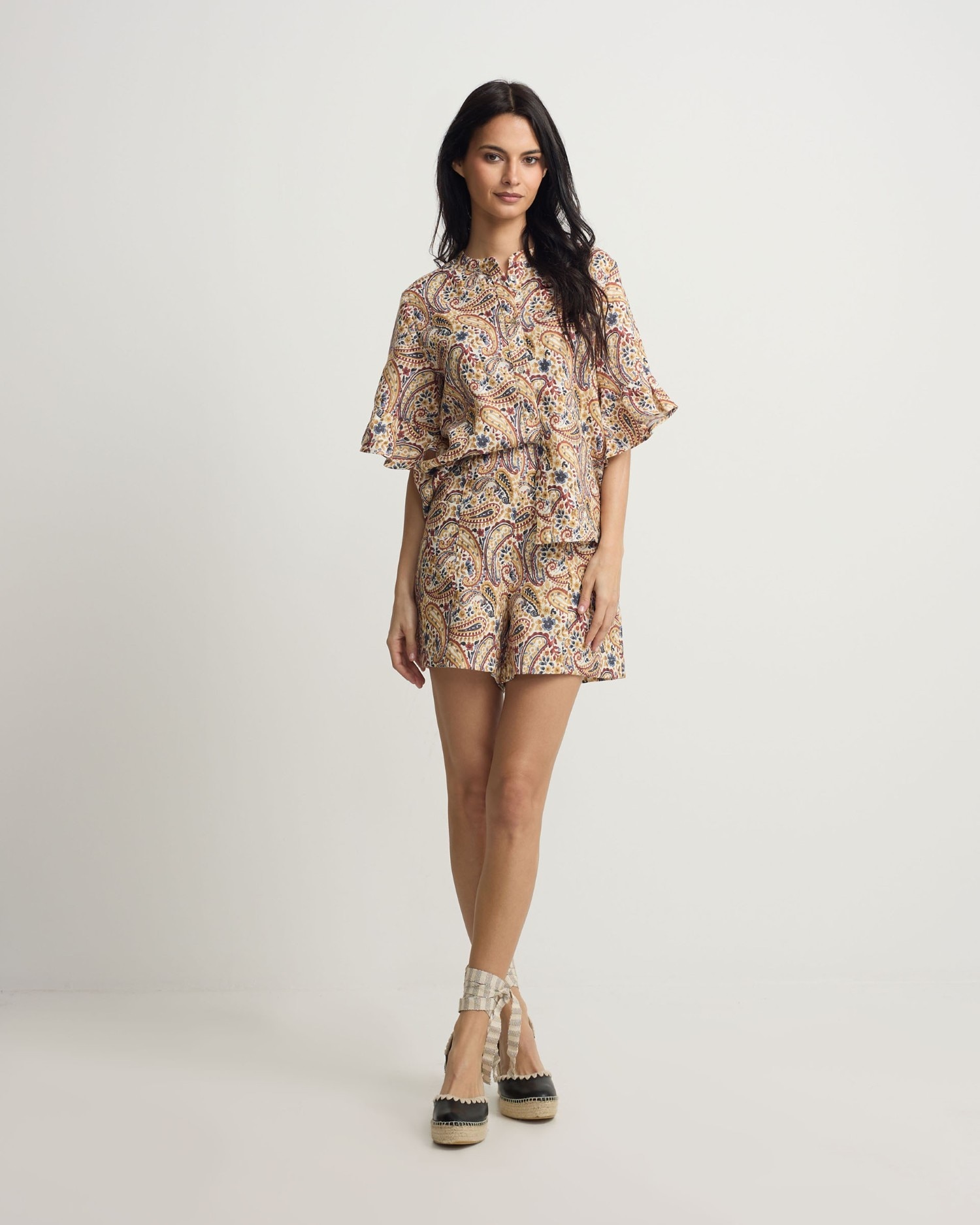 Bermuda de mujer lino estampado cachemir naranjas