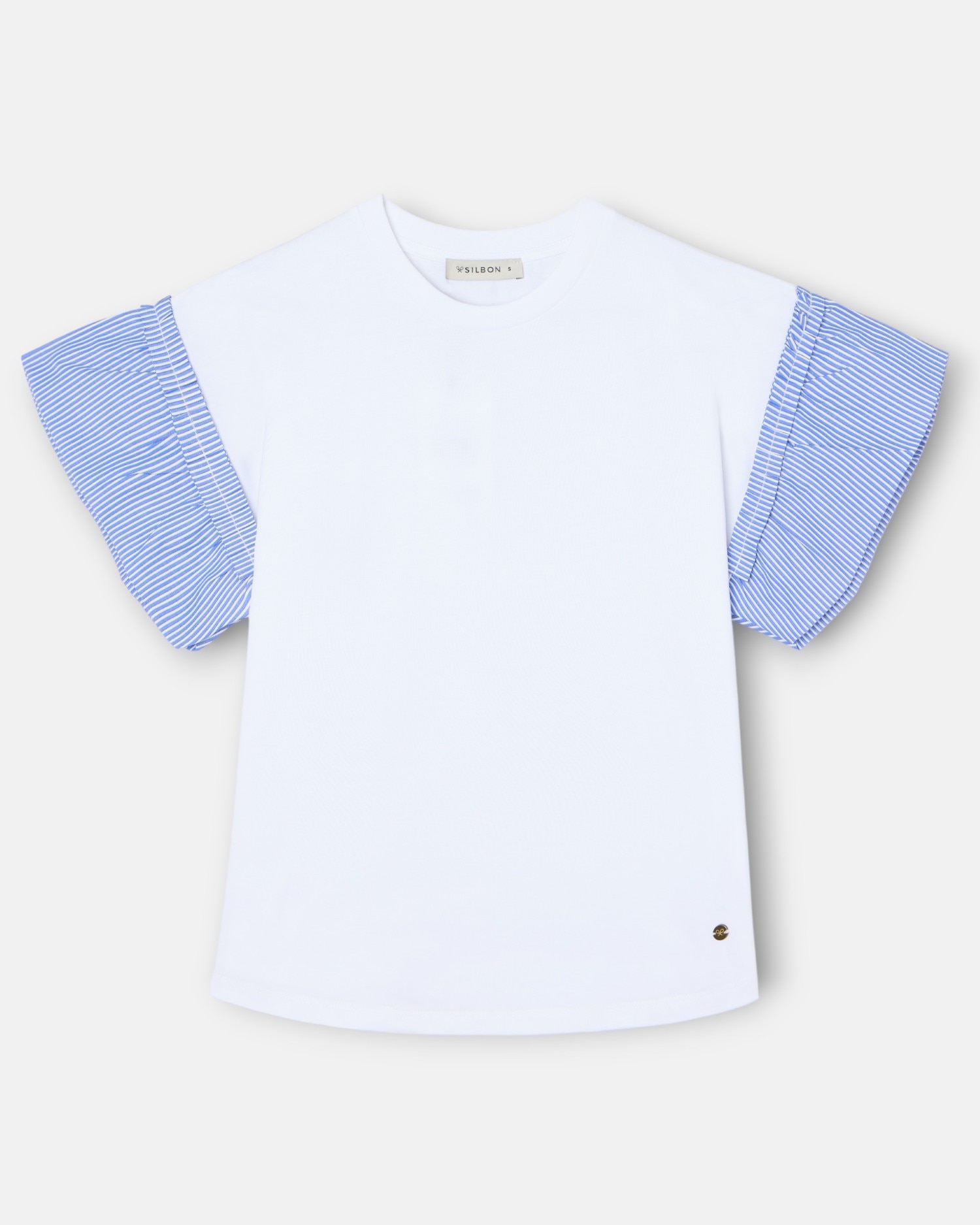 Silbon - Camiseta de mujer volantes popelín rayas blanca.