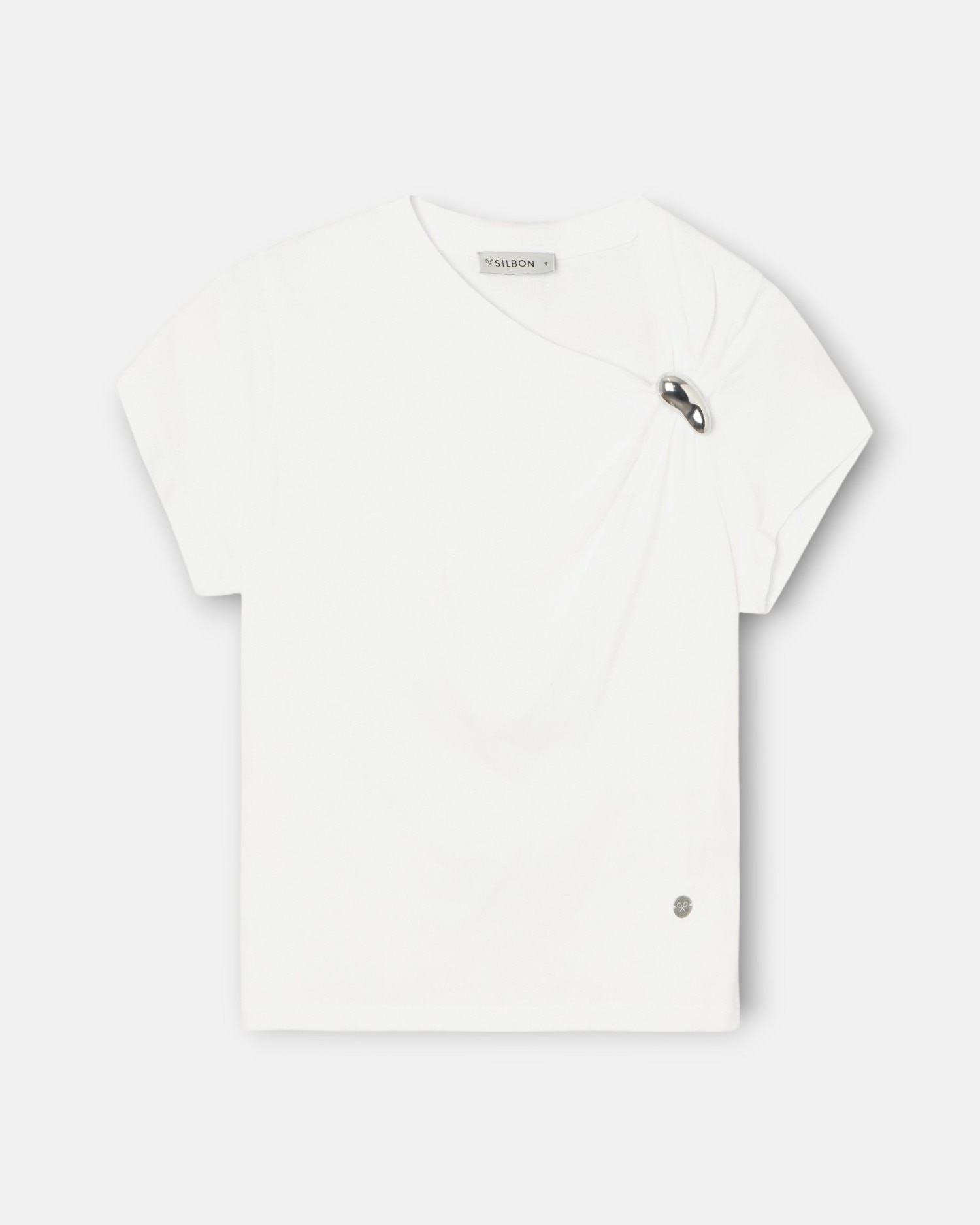 Silbon - Camiseta de mujer nudo aplique blanca.