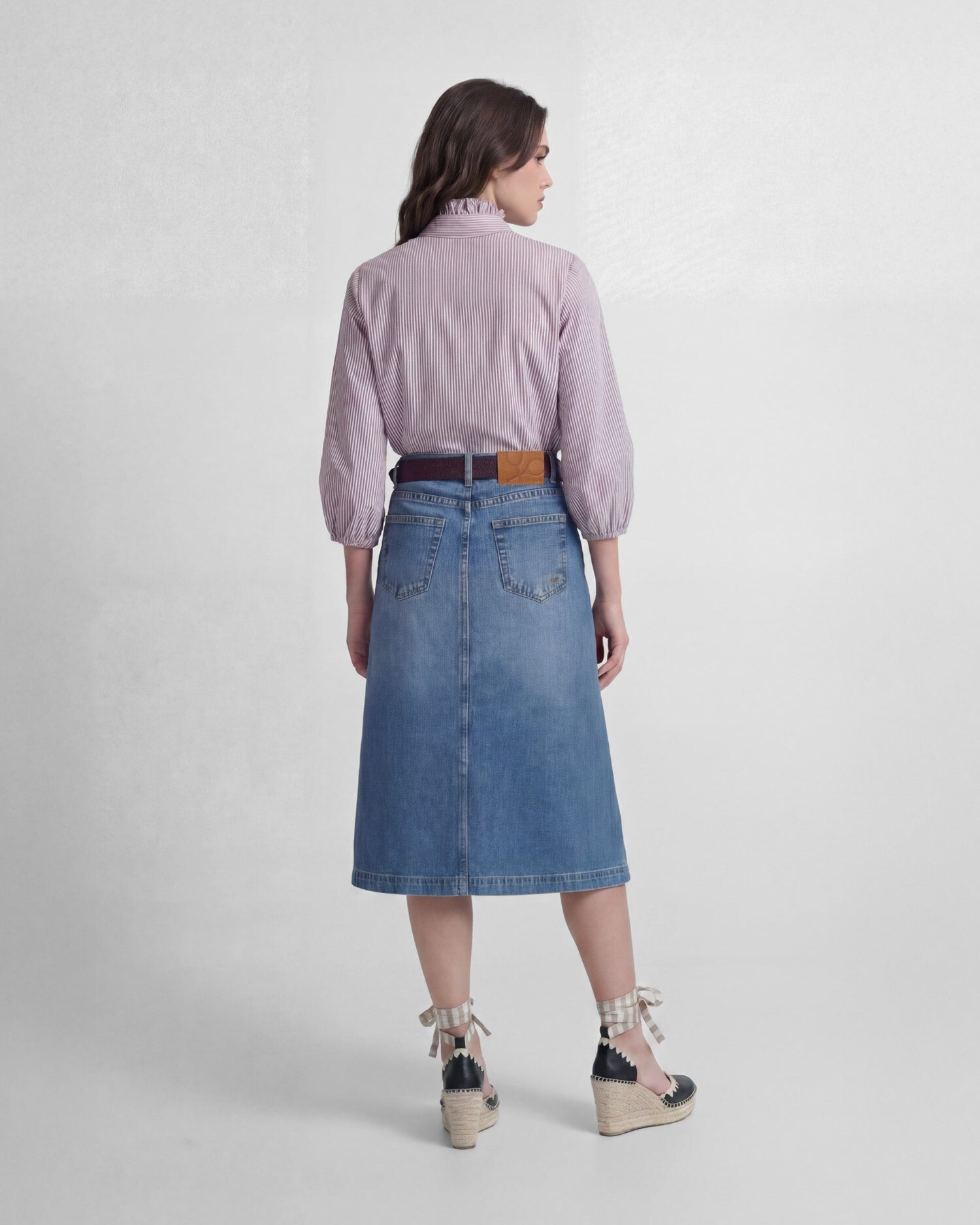 Falda midi recta abertura lateral denim - Silbon - Azul denim Azul denim-3