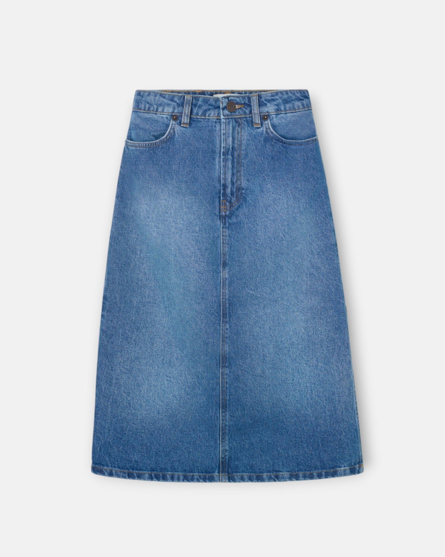 Falda midi recta abertura lateral denim - Silbon - Azul denim Azul denim-4