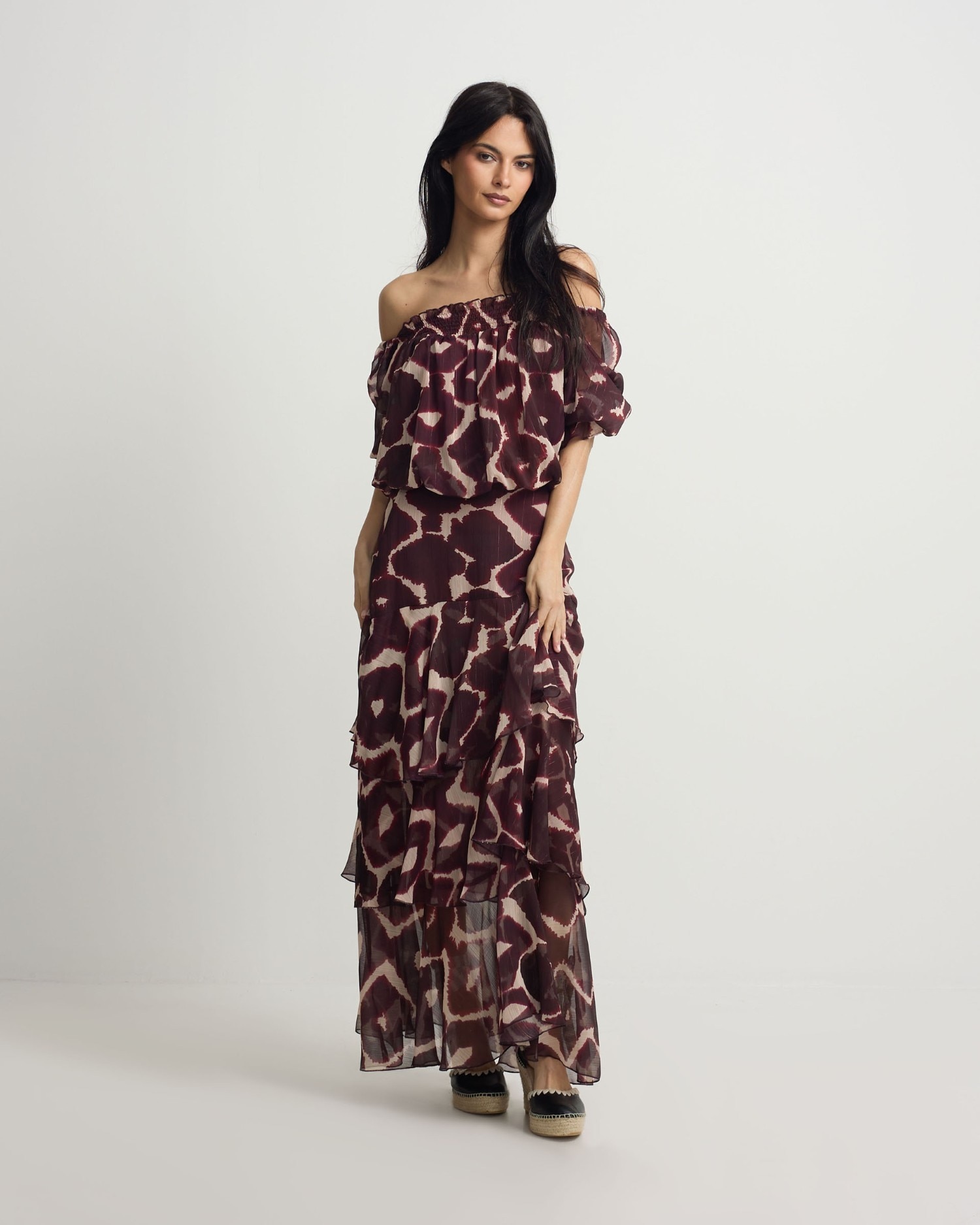 Silbon - Falda larga volantes estampado marrones.