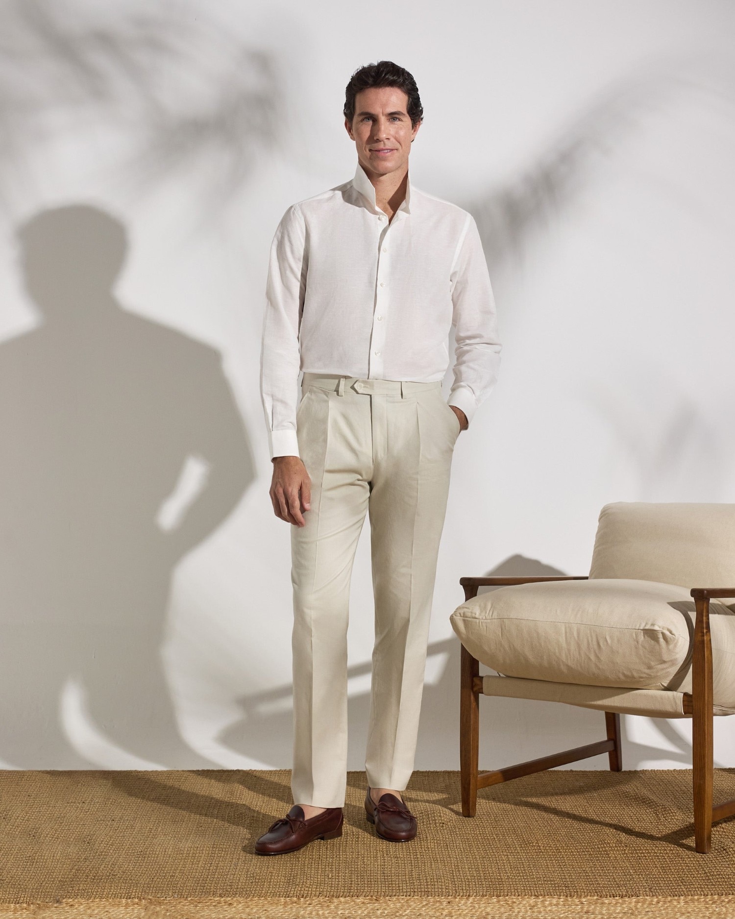 Camisa lino unique cuello chimenea blanca de hombre - Silbon - Blanco Blanco-3