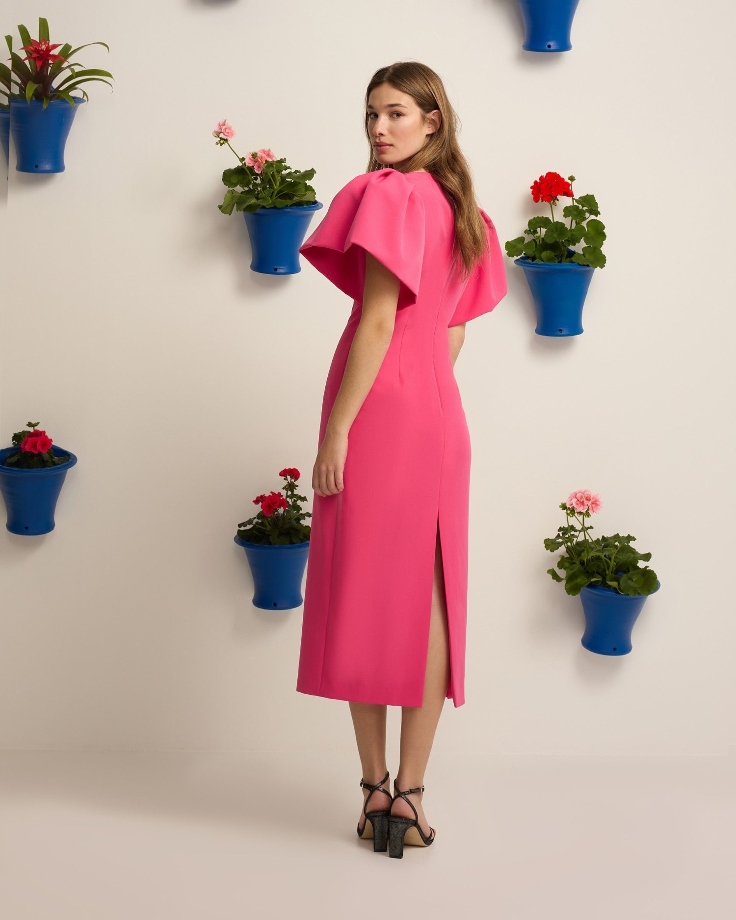 Vestido event collection midi manga abullonada - Silbon - Rosa Rosa-2