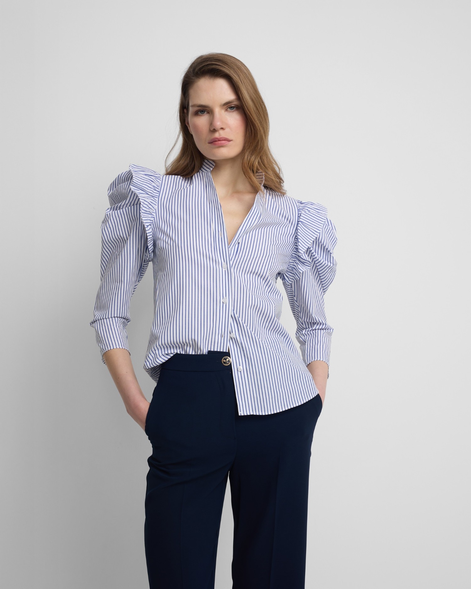 Silbon - Camisa de mujer manga abullonada rayas azules y blancas.