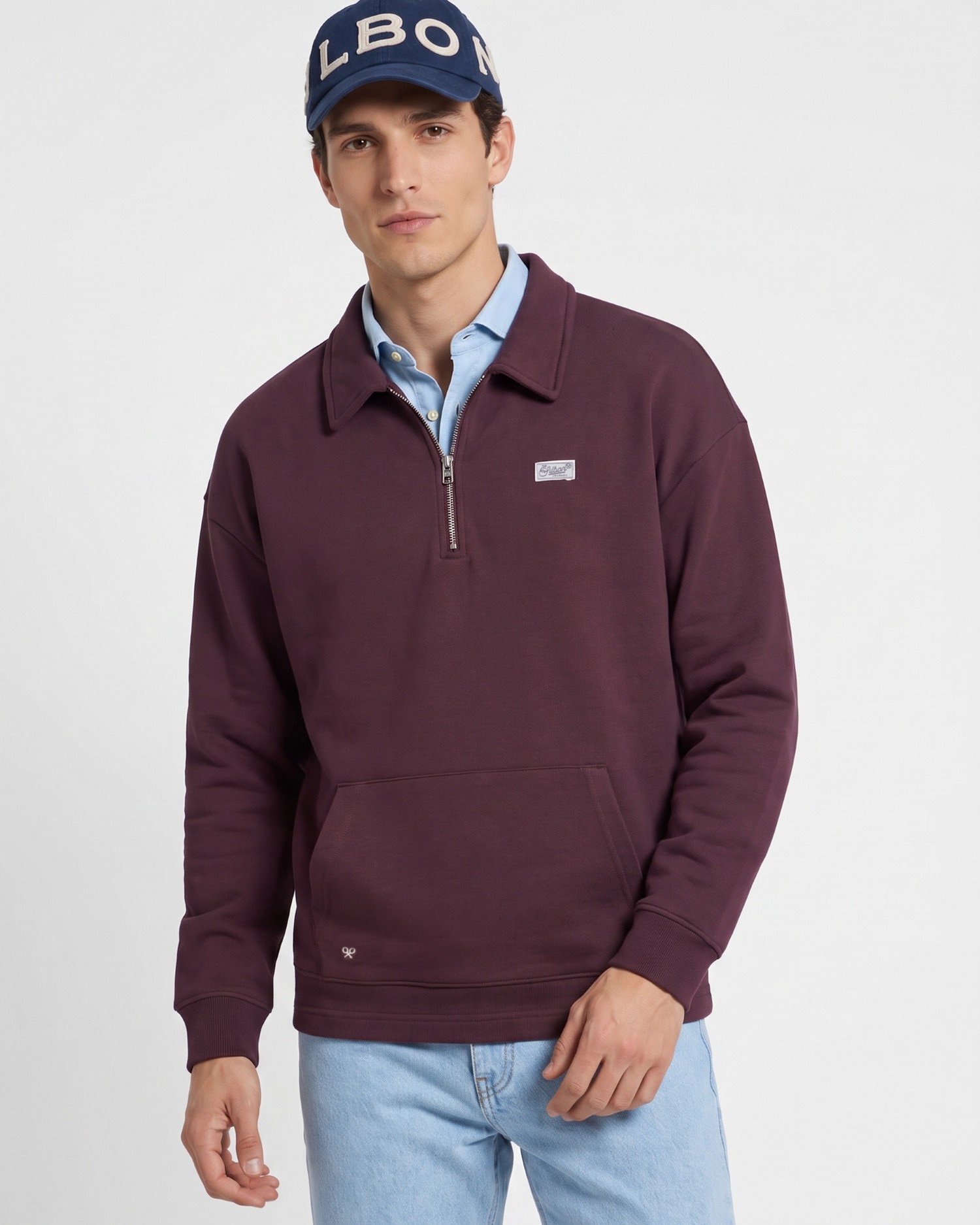 Imagen 0 de Sudadera relaxed de hombre de media cremallera con etiqueta Burdeos