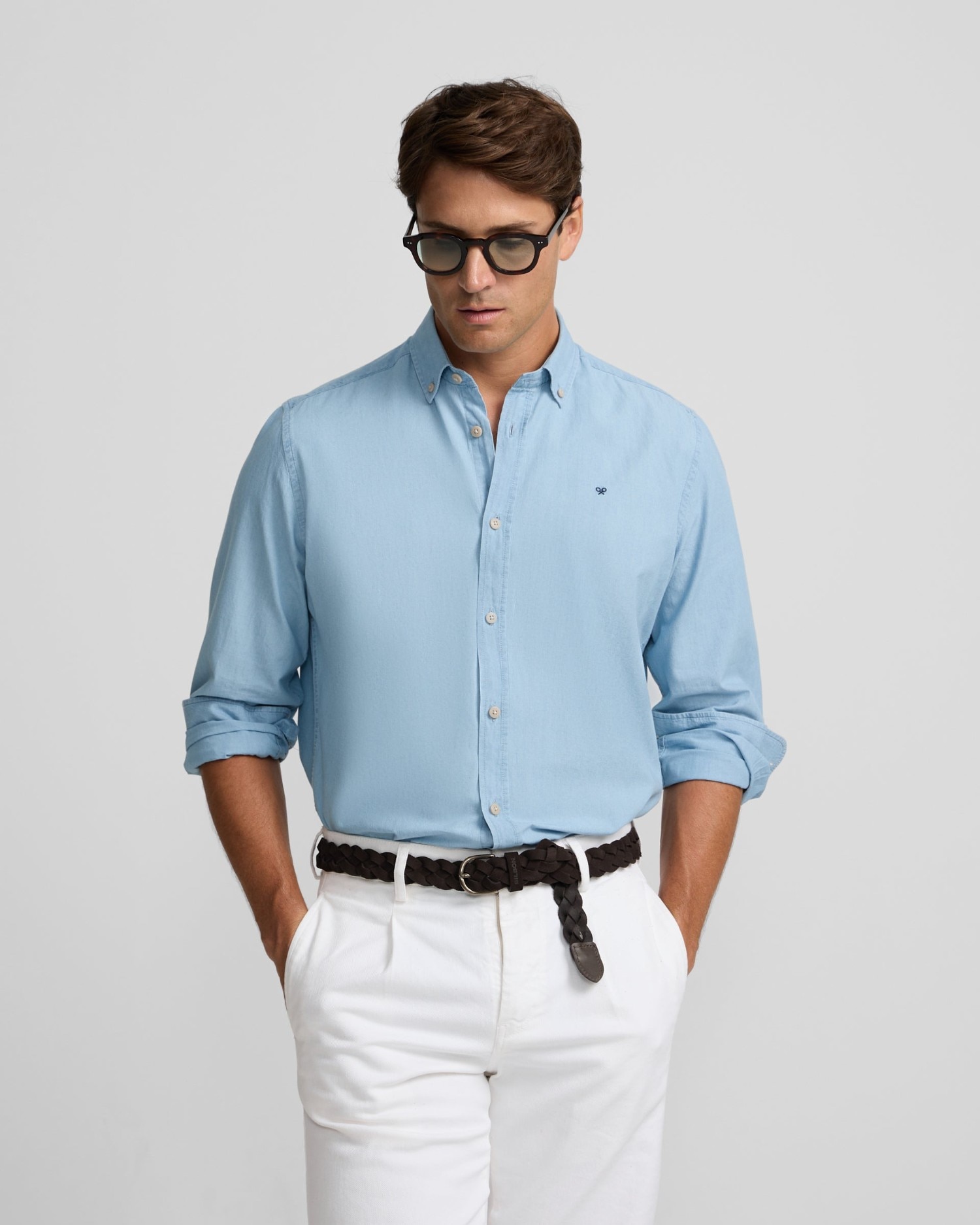 Camisa sport de hombre denim con cuello de botones - Silbon - Azul claro Azul claro-1