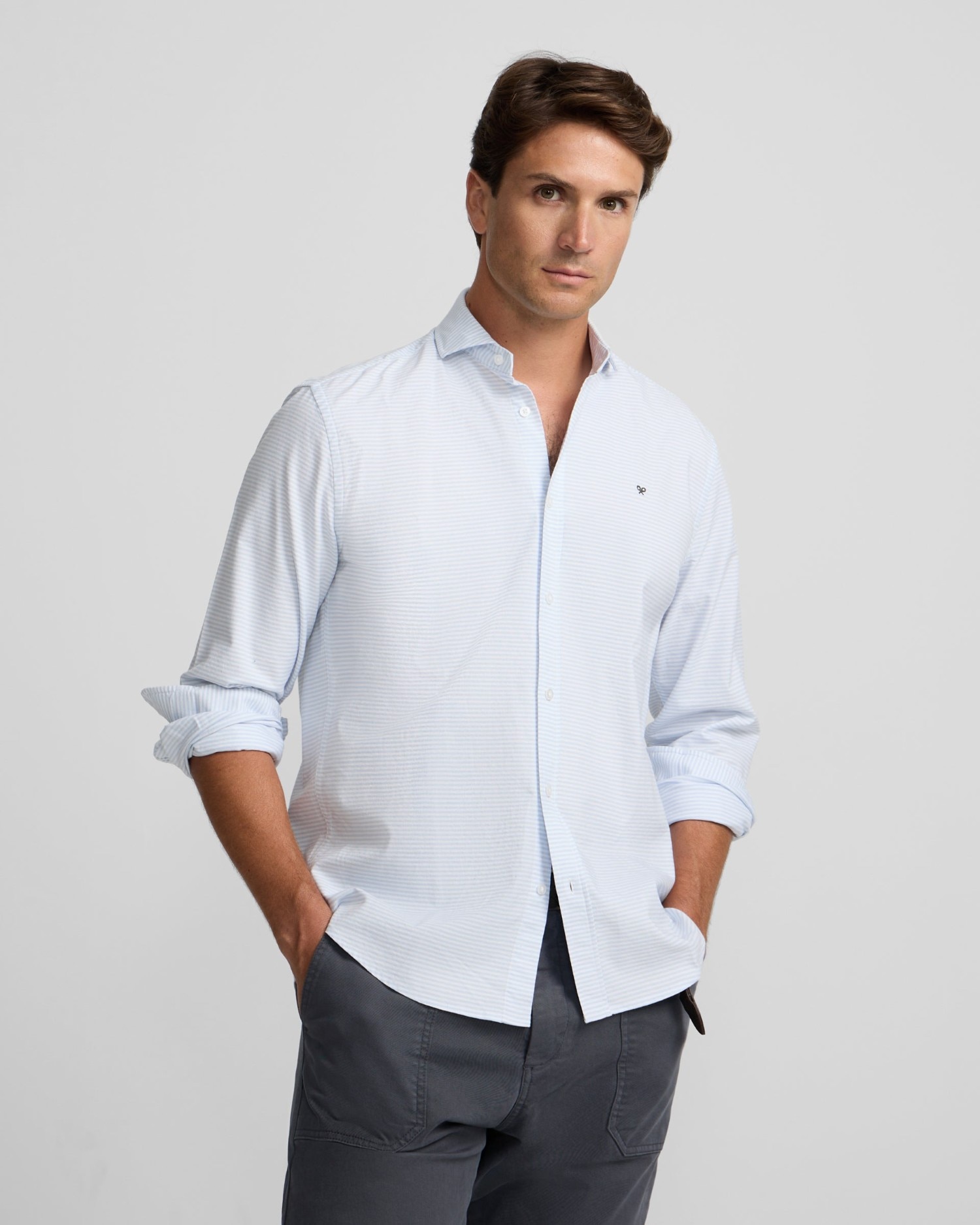 Camisa sport de hombre oxford rayas horizontales - Silbon - Azul celeste Azul celeste-1