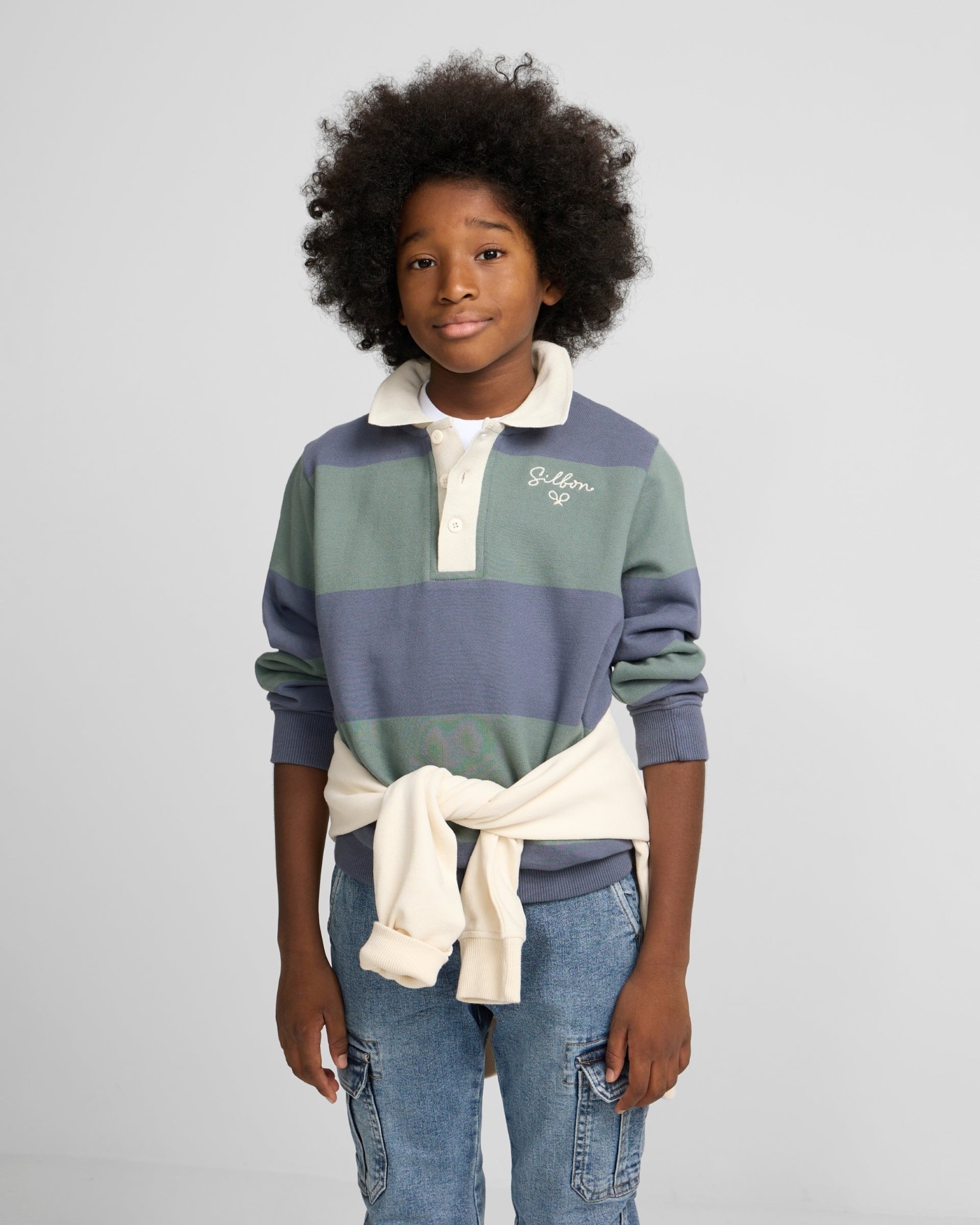 Imagen 1 de Sudadera de niño de rayas con cuello polo Verde oscuro