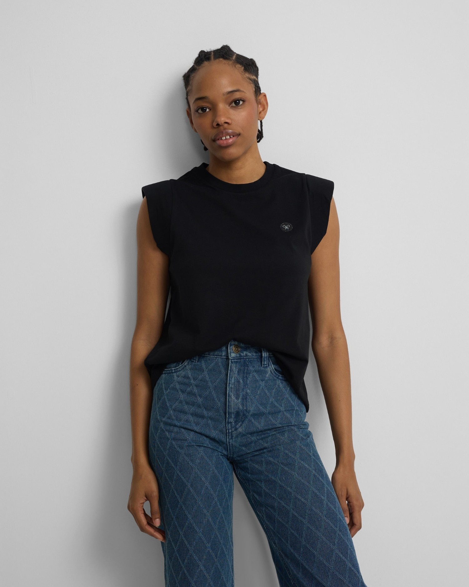 Silbon - Camiseta woman negra hombreras aplicacion cristal.