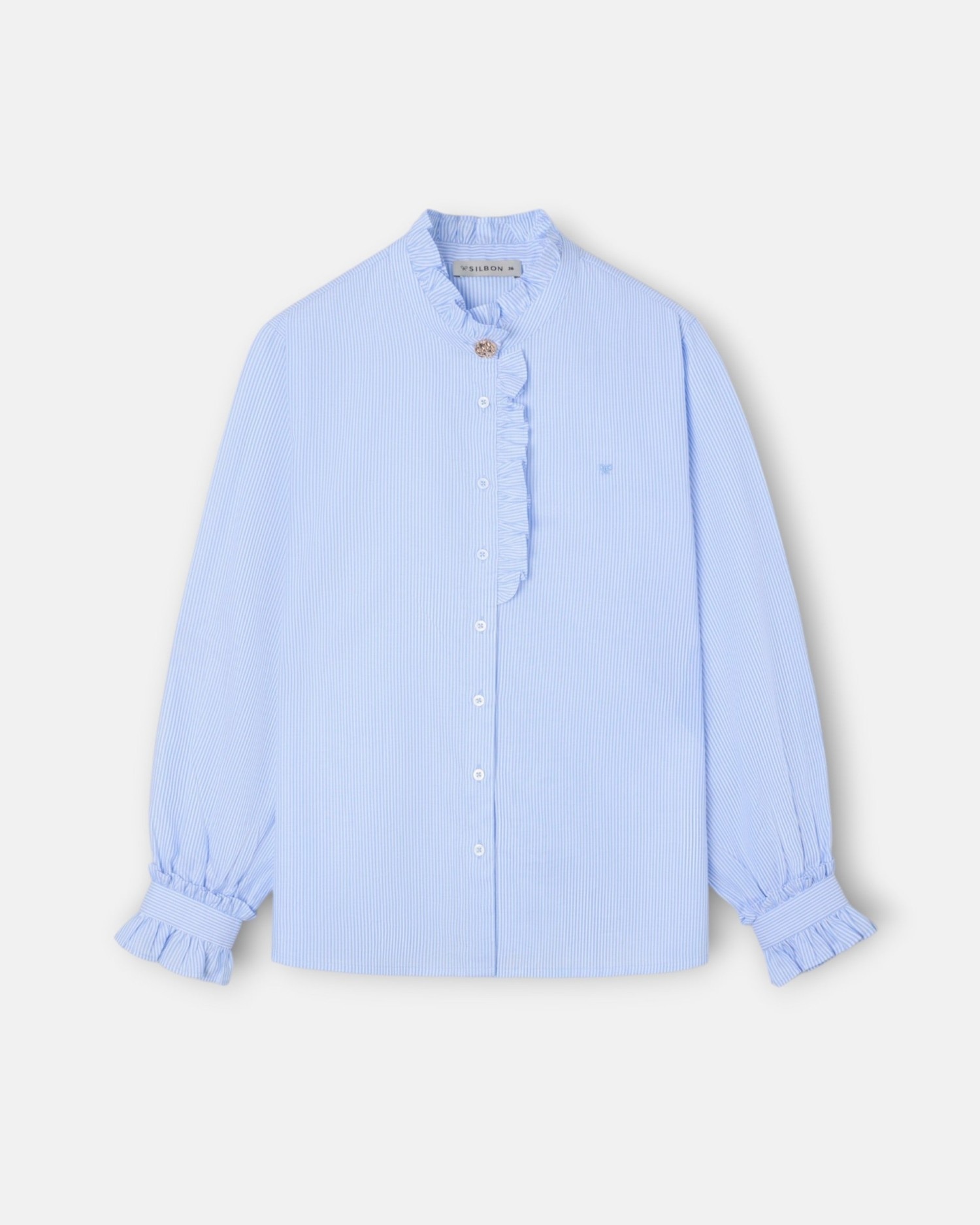 Camisa cuello volante detalle puño rayas - Silbon - Azul claro Azul claro-5