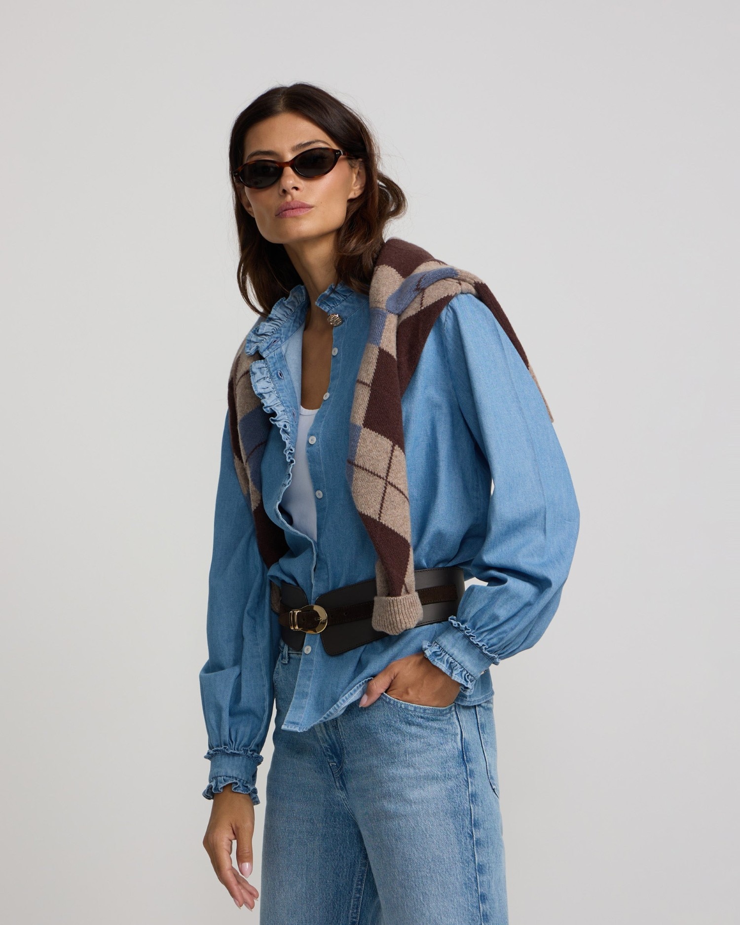 Camisa cuello volante detalle puño denim - Silbon - Azul Azul-3