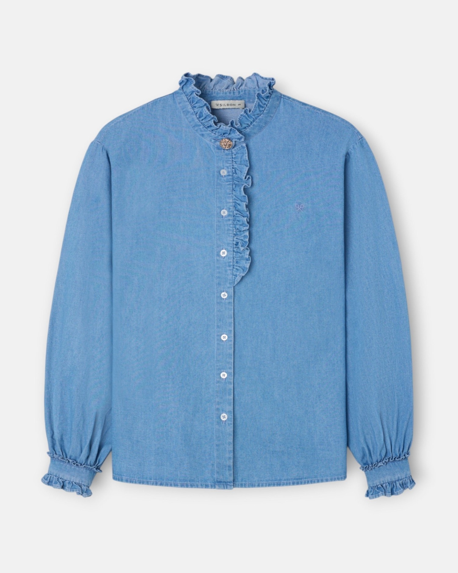 Camisa cuello volante detalle puño denim - Silbon - Azul Azul-5