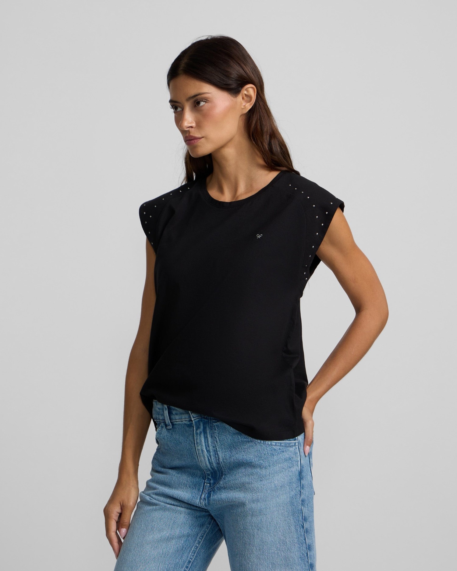 Camiseta woman hombreras detalle tachuelas negra - Silbon - Negro Negro-1