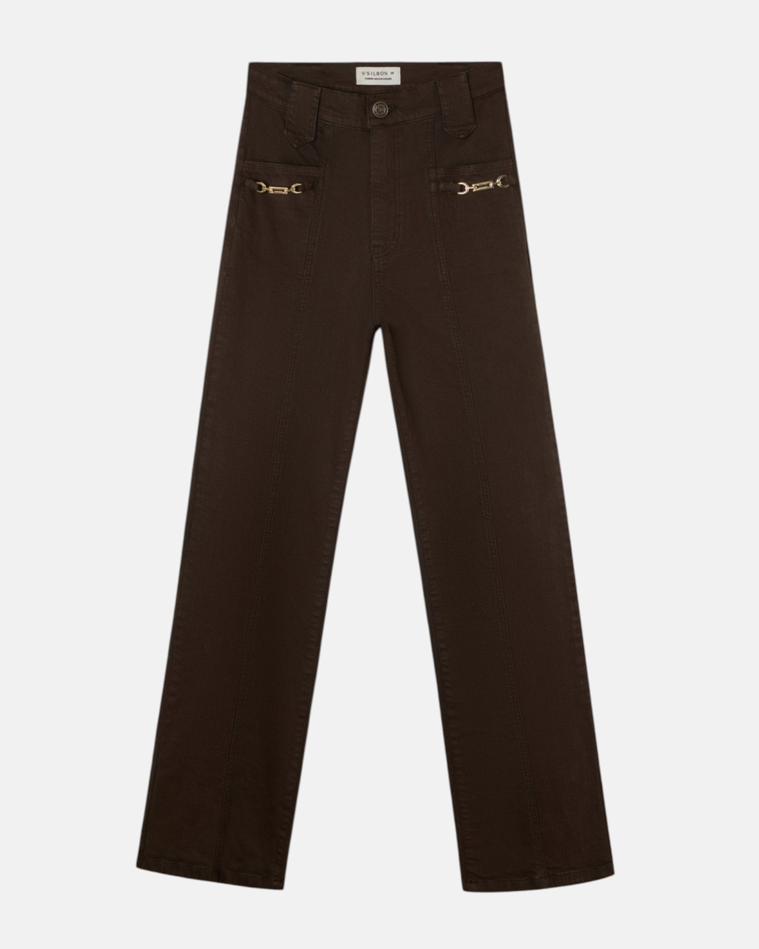 Pantalon denim recto detalle hebillas marron - Silbon - Marrón Marrón-5