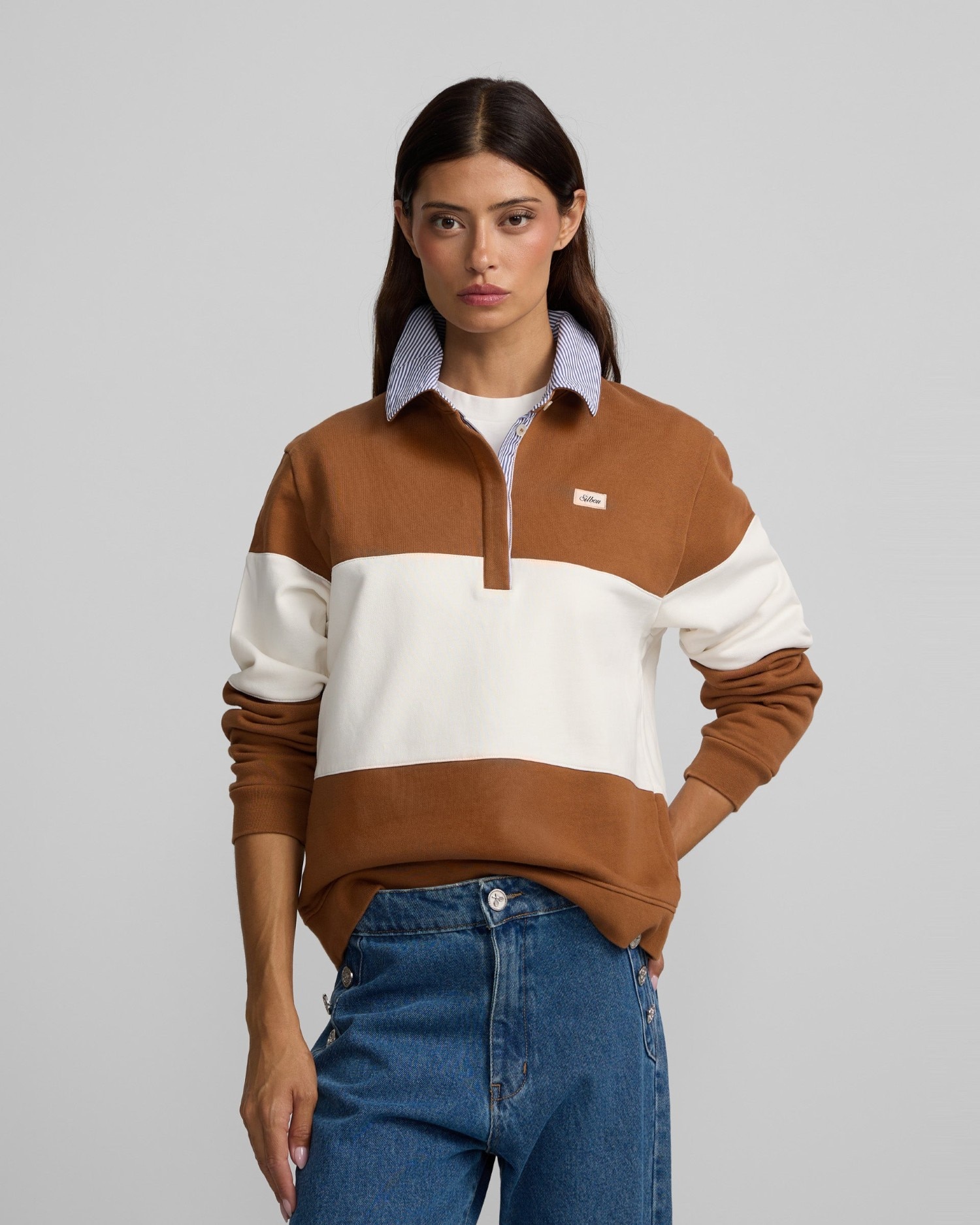 Sudadera cuello polo rayas - Silbon - Camel Camel-1
