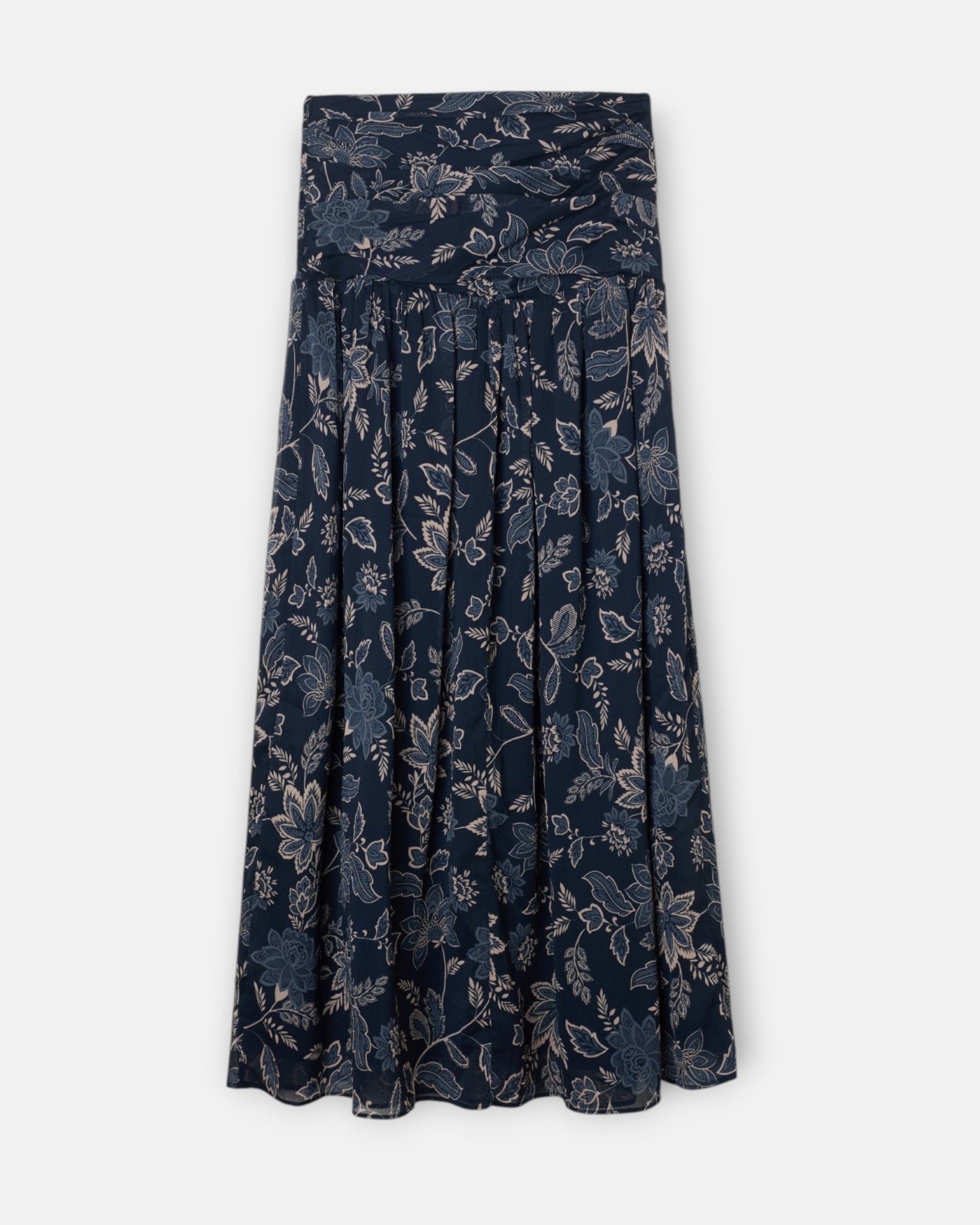 Falda larga fruncido cintura estampado flores - Silbon - Azul marino Azul marino-4