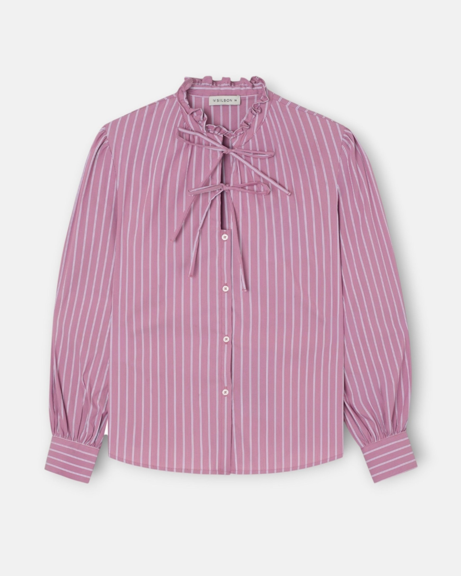 Camisa cuello alto lazos rayas - Silbon - Rosa Rosa-1
