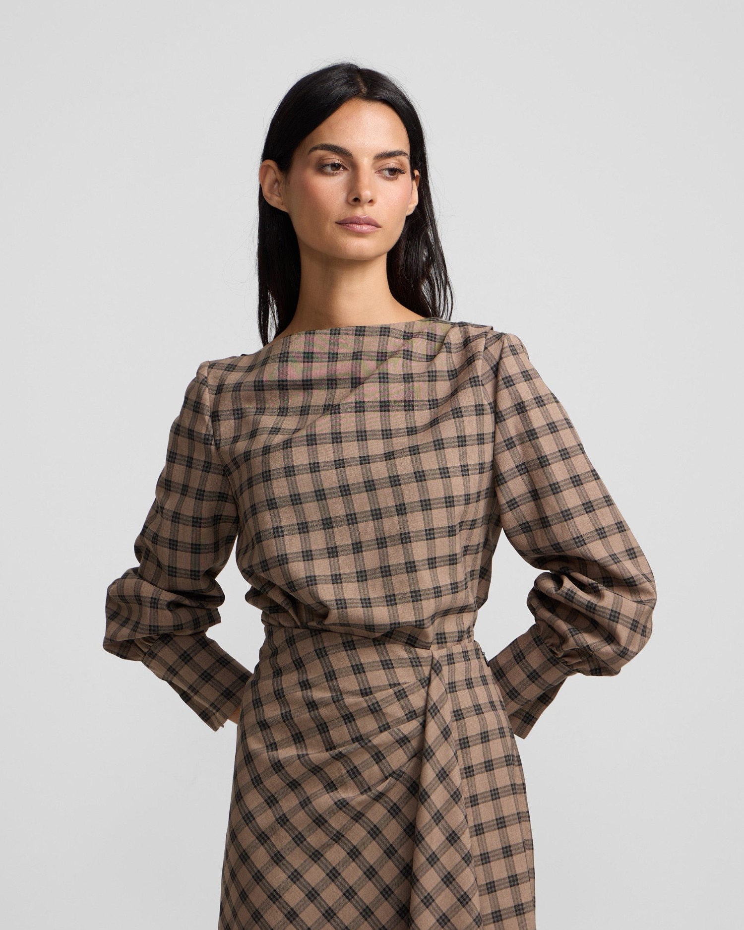 Imagen 0 de Blusa drapeada cuadros Marrón