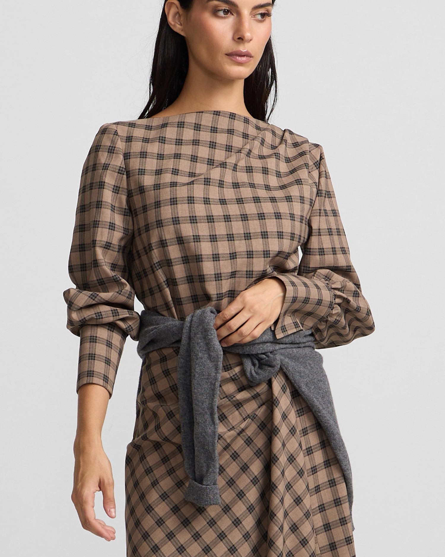 Blusa drapeada cuadros - Silbon - Marrón Marrón-3