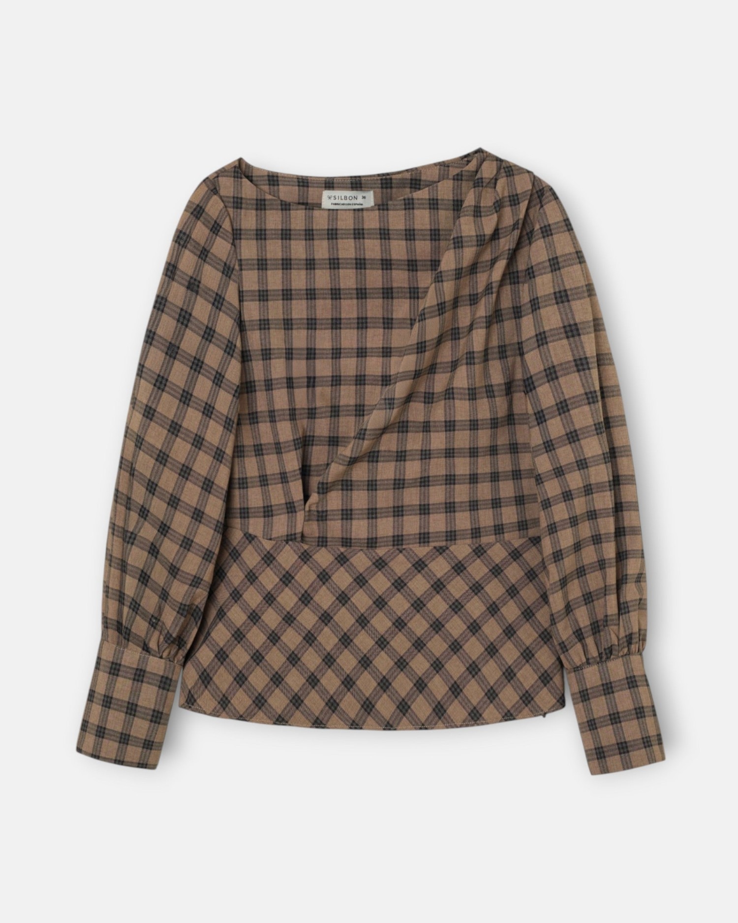 Blusa drapeada cuadros - Silbon - Marrón Marrón-5
