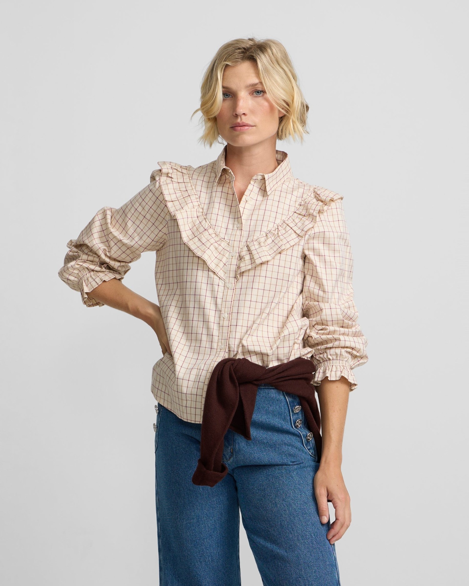 Imagen 0 de Camisa volantes cuadros Beige