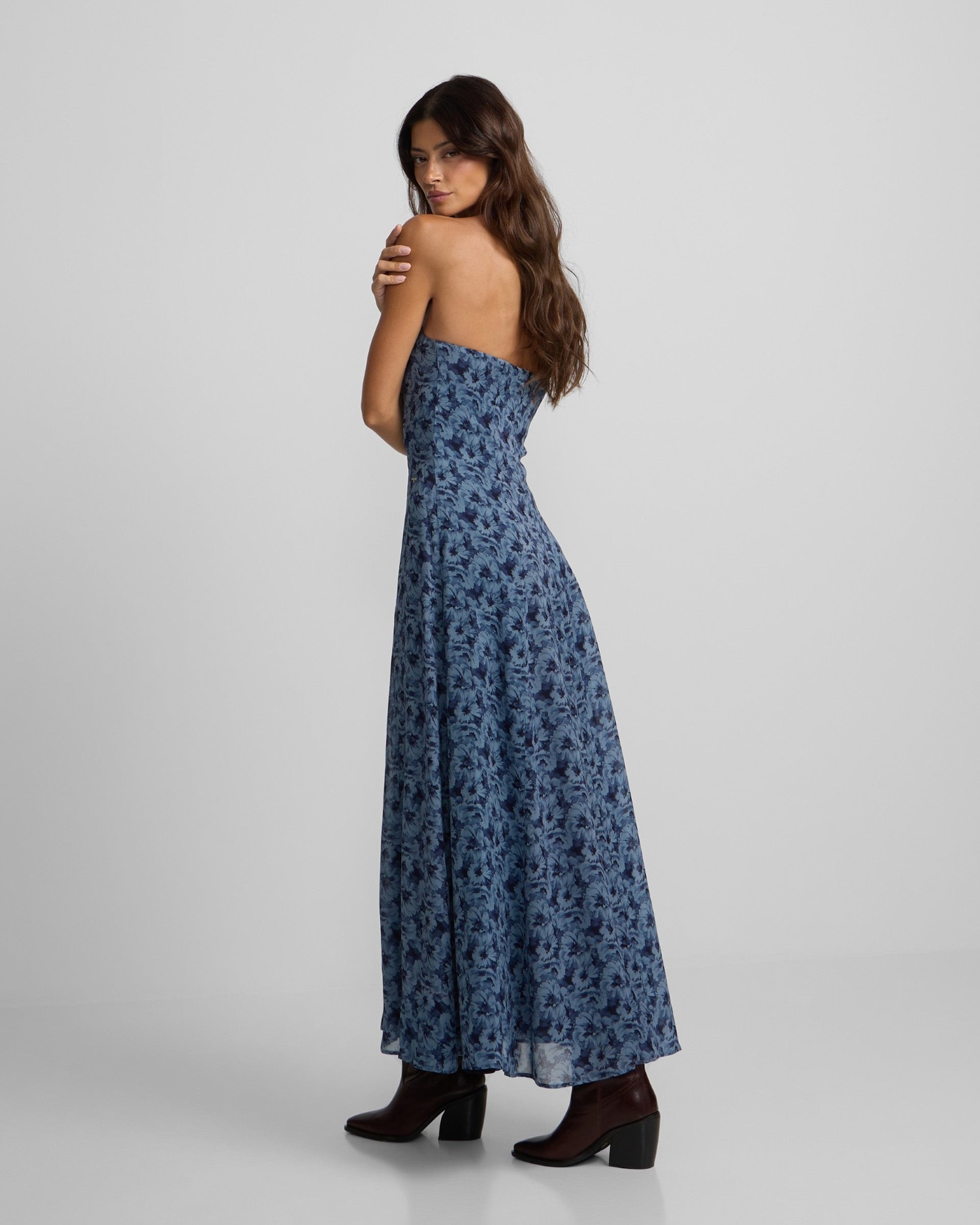 Vestido largo palabra de honor flores - Silbon - Azul Azul-2