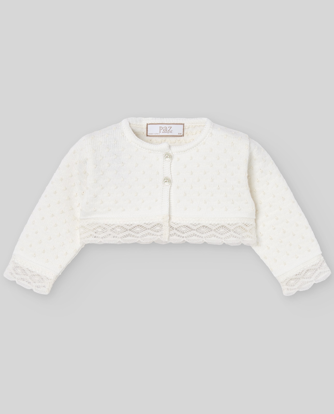 Imagen 0 de Chaqueta de punto de niña con puntilla colección Paz Crudo