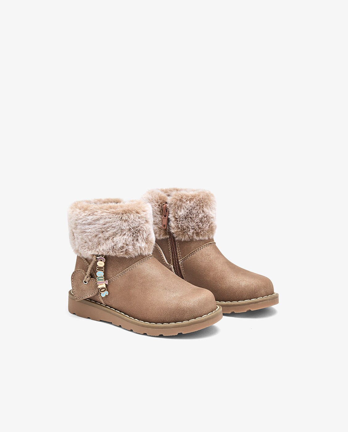 Botas de niña con pelo y adorno corazón colgante beige - Conguitos - Marrón Marrón-2