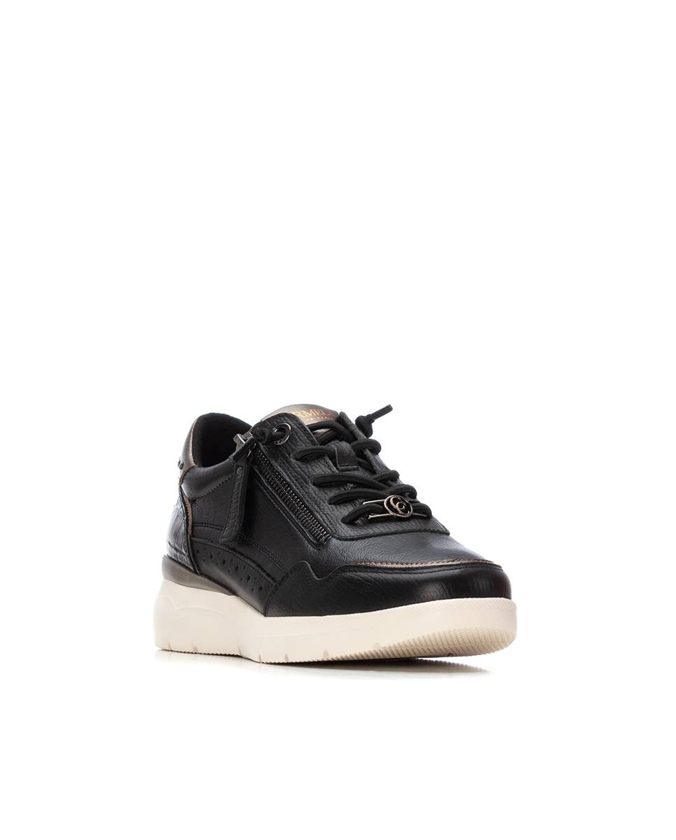 Zapatilla de mujer de piel con cordones - Carmela - Negro Negro-3