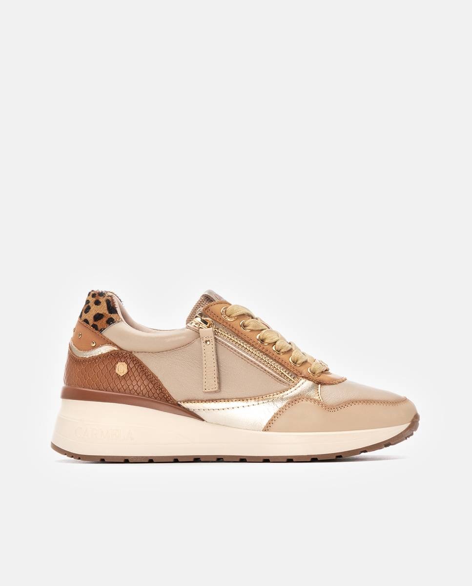 Zapatilla de mujer de piel con cordones - Carmela - Beige Beige-1