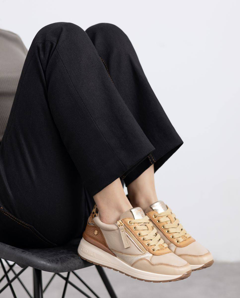 Zapatilla de mujer de piel con cordones - Carmela - Beige Beige-2