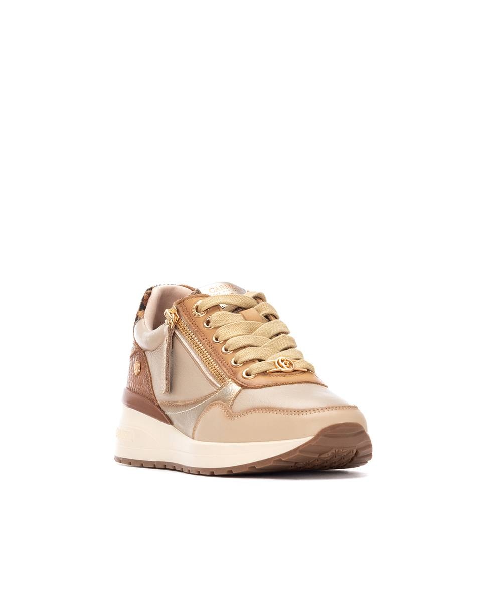 Zapatilla de mujer de piel con cordones - Carmela - Beige Beige-3
