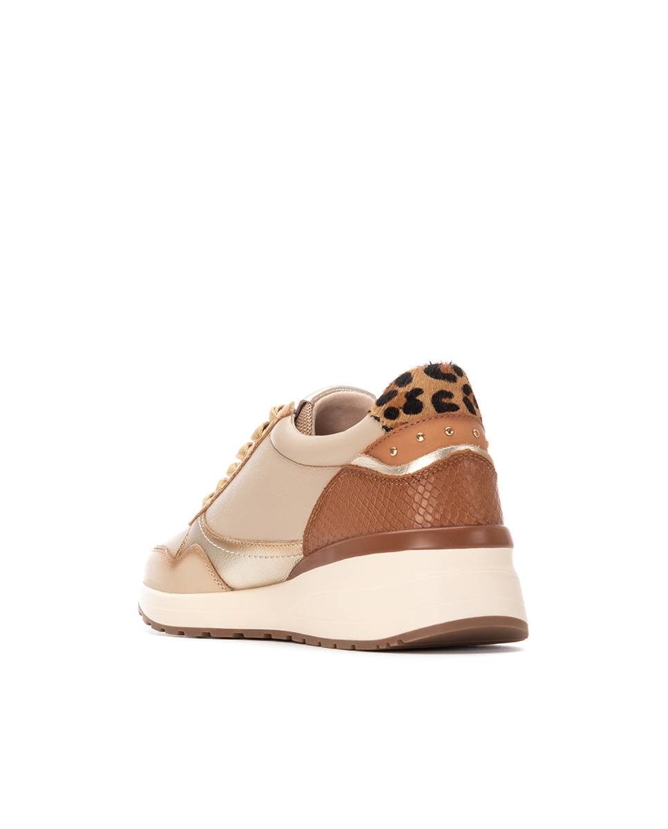 Zapatilla de mujer de piel con cordones - Carmela - Beige Beige-4