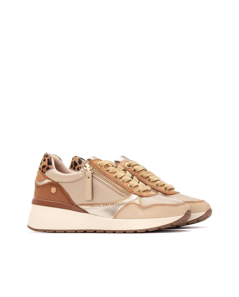Zapatilla de mujer de piel con cordones - Carmela - Beige Beige-5