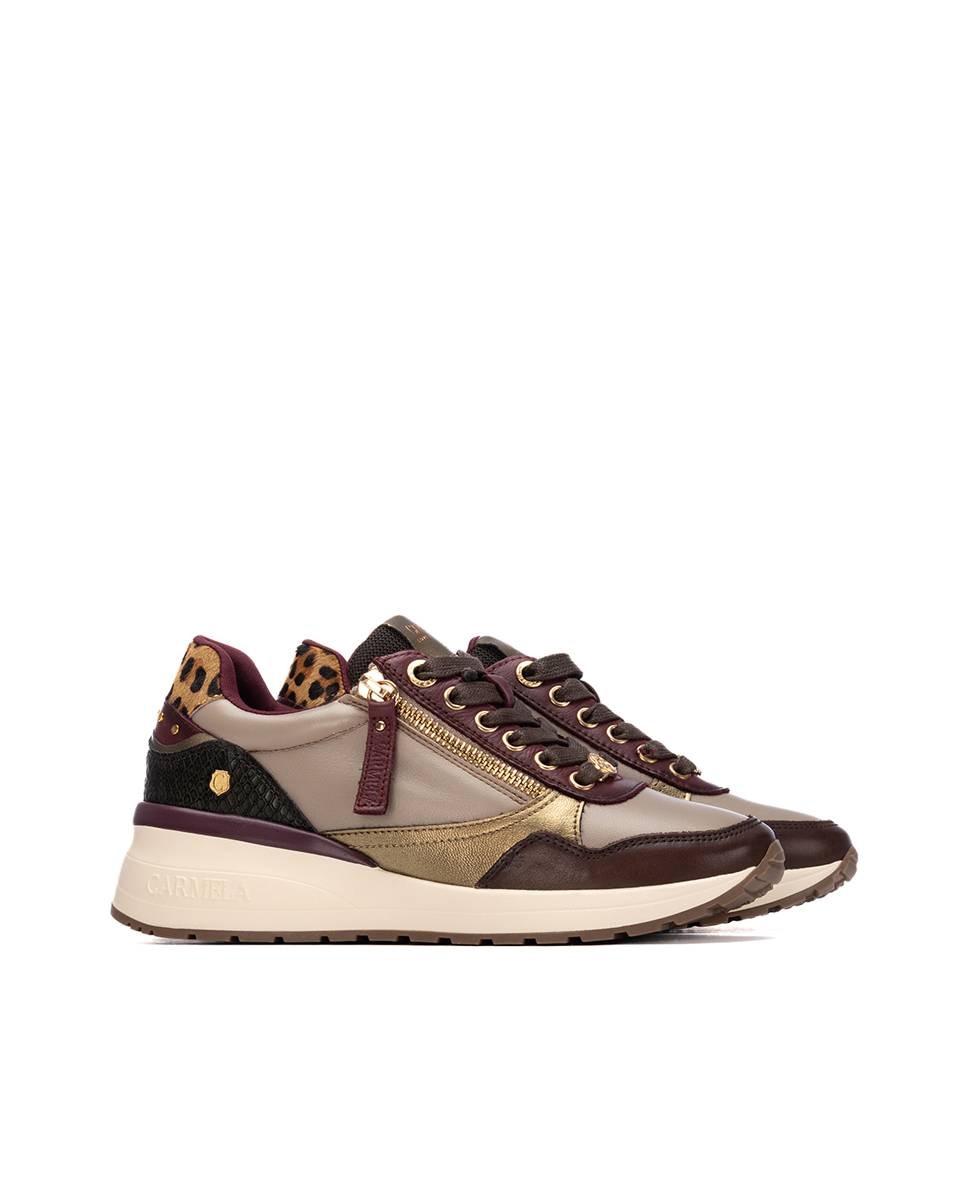Zapatilla de mujer de piel con cordones - Carmela - Burdeos Burdeos-4