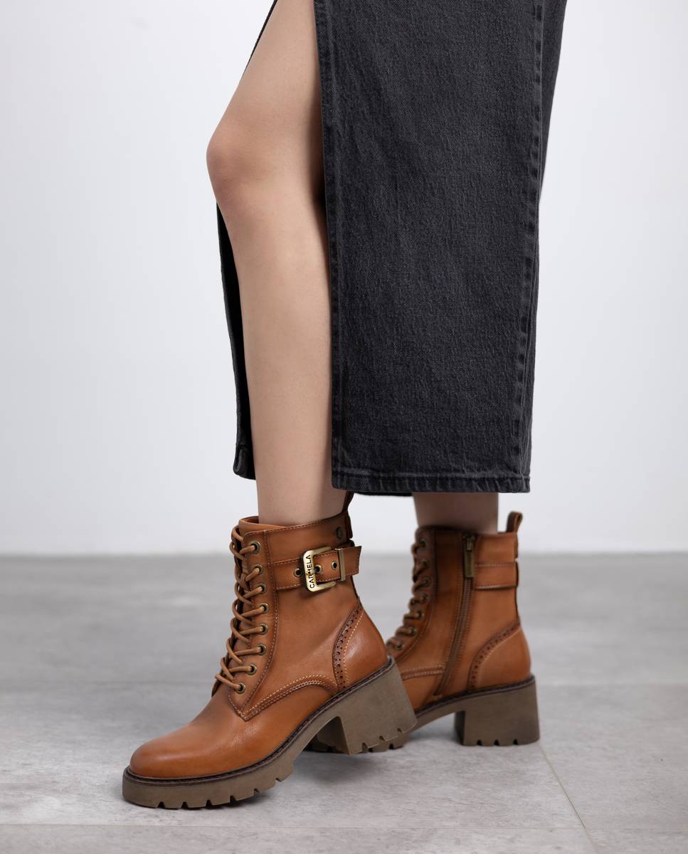 Botines de mujer con cordones de piel - Carmela - Camel Camel-2