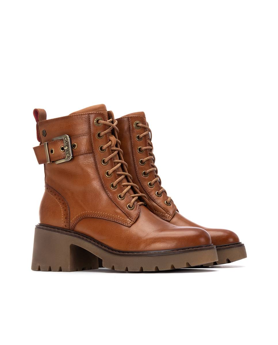 Botines de mujer con cordones de piel - Carmela - Camel Camel-5
