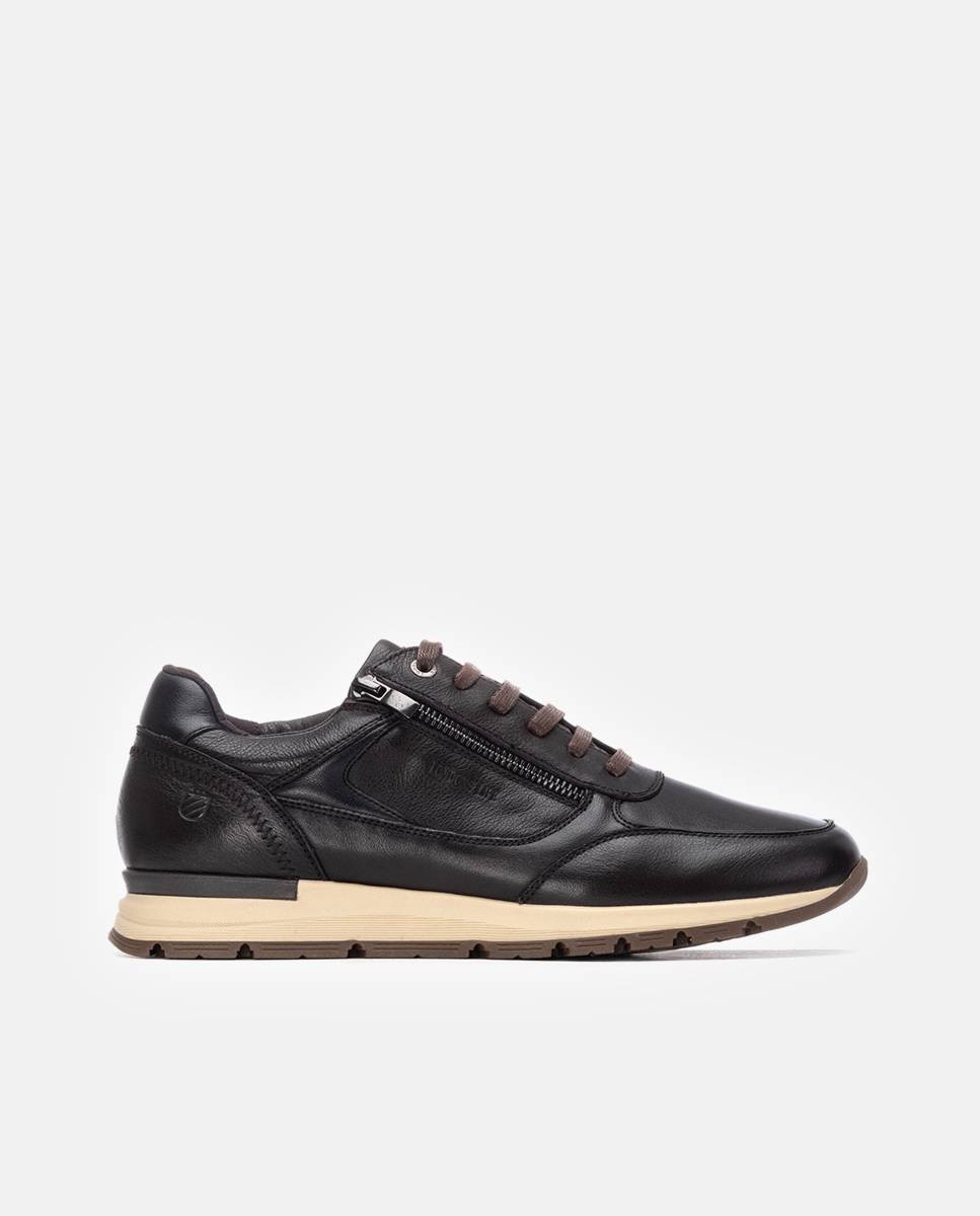 Imagen 0 de Zapatillas de piel de hombre con cordones y cremallera lateral Marrón oscuro