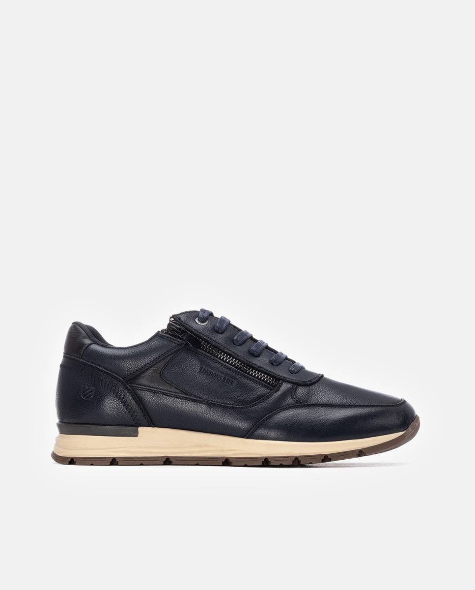 Zapatillas de piel de hombre con cordones y cremallera lateral - Carmela - Azul marino Azul marino-1