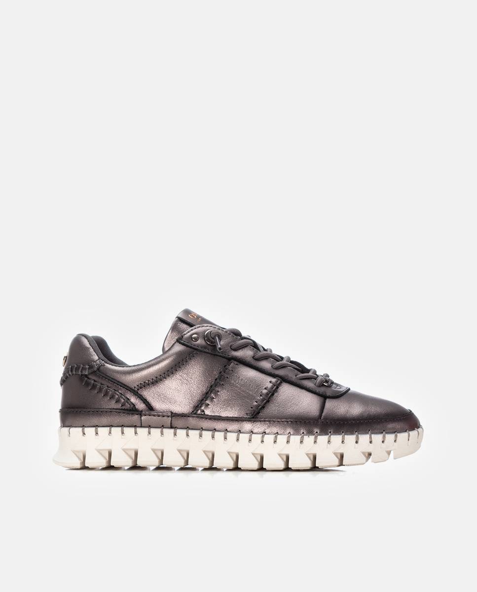 Zapatilla de mujer de piel con cordones - Carmela - Gris Gris-1