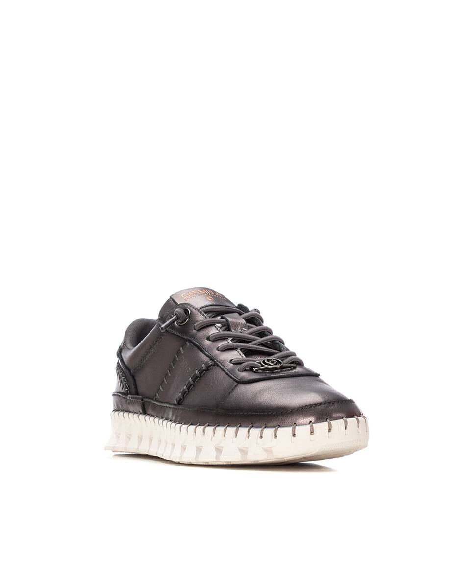 Zapatilla de mujer de piel con cordones - Carmela - Gris Gris-3