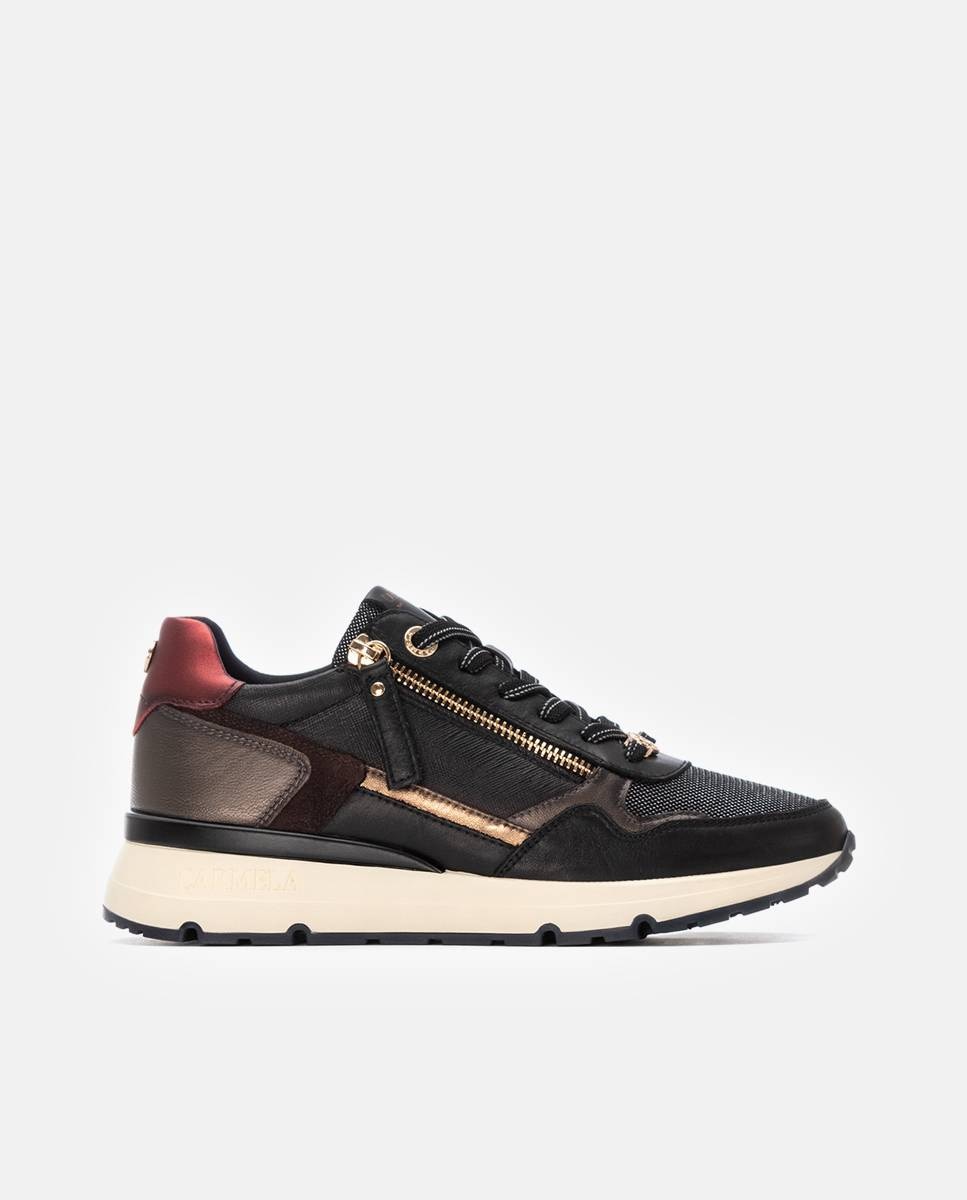 Imagen 0 de Zapatilla de mujer con cordones de piel Negro