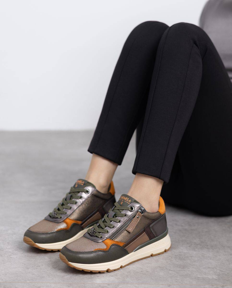 Zapatilla de mujer con cordones de piel - Carmela - Kaki Kaki-2