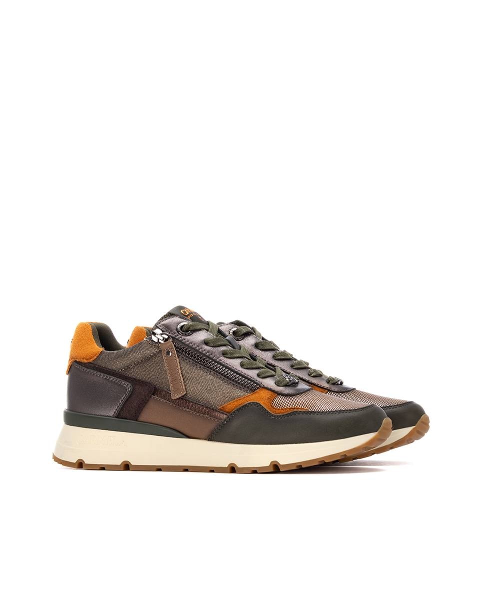 Zapatilla de mujer con cordones de piel - Carmela - Kaki Kaki-5