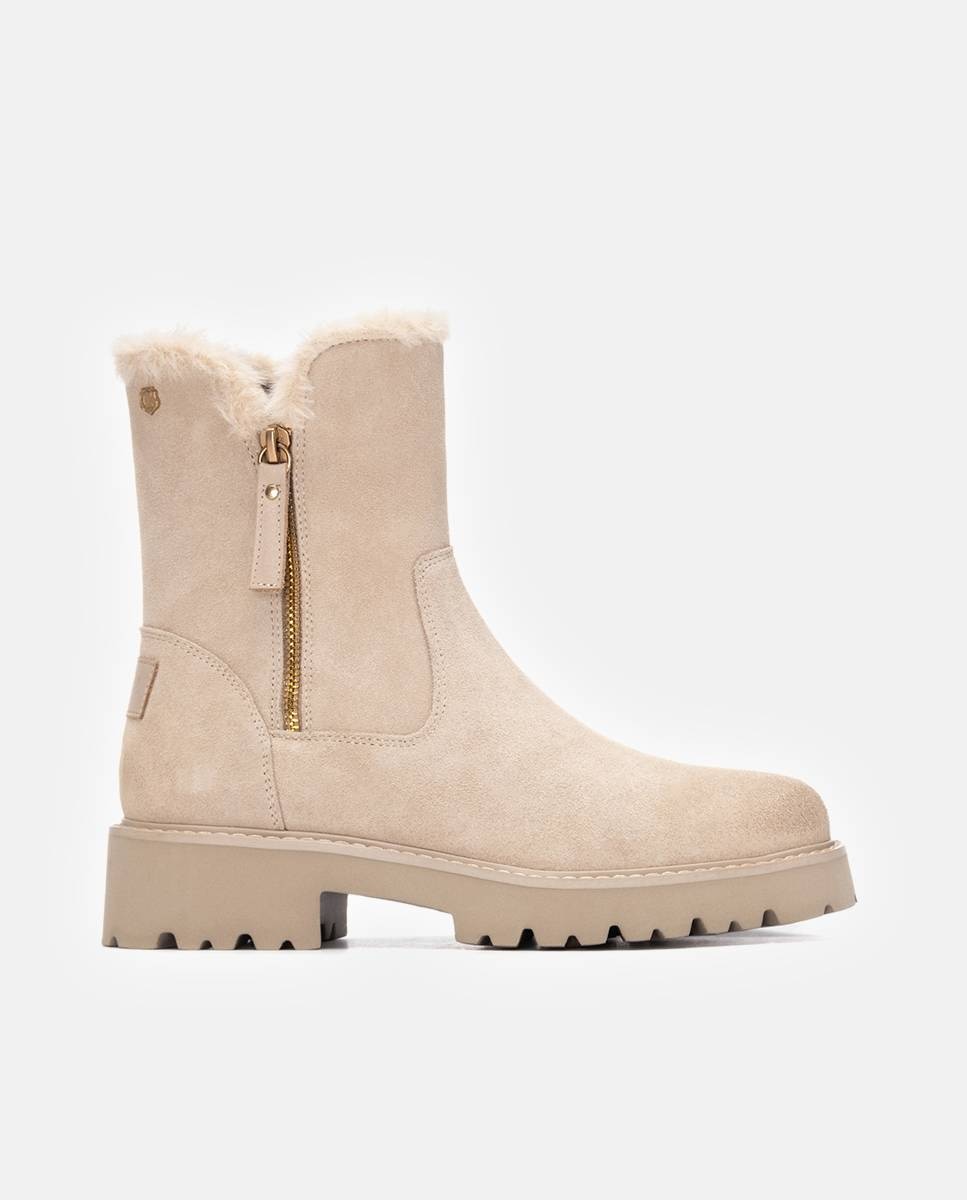 Botines con pelo de mujer con cremallera de serraje - Carmela - Beige Beige-1