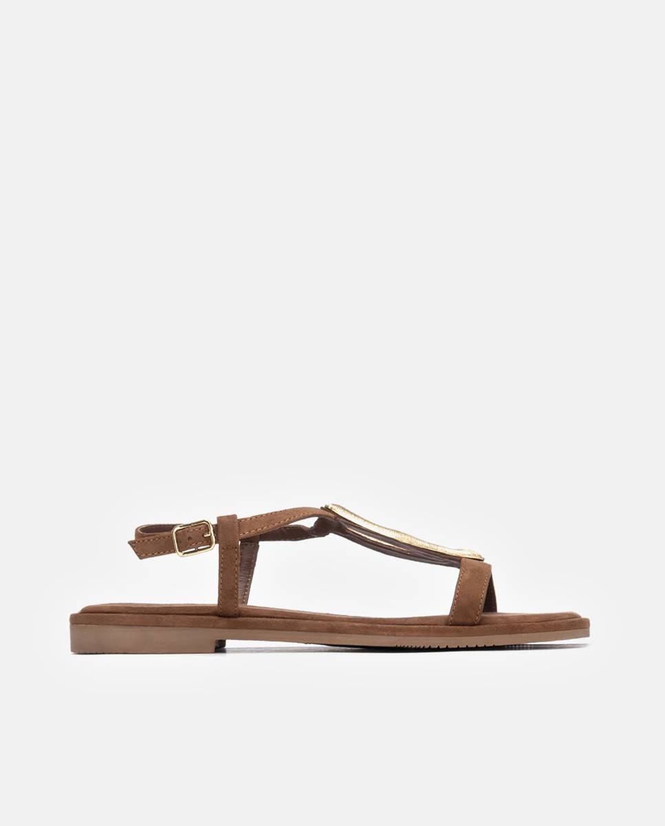 Sandalias planas de mujer de piel con cierre de hebilla - Carmela - Camel Camel-1