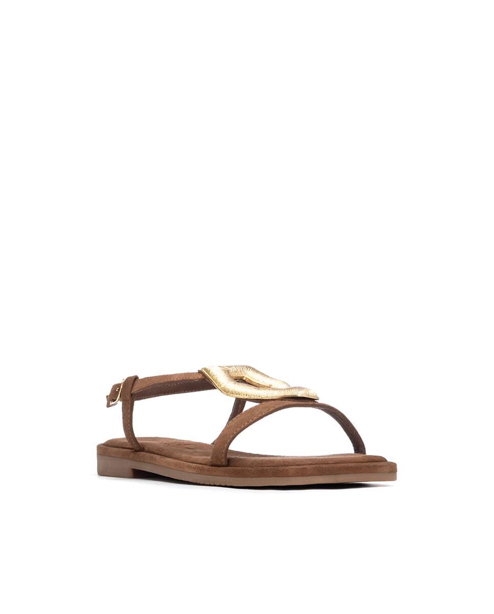 Sandalias planas de mujer de piel con cierre de hebilla - Carmela - Camel Camel-3
